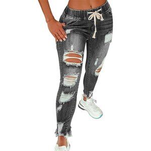 Women High Waist Skinny Ripped Denim Jeans Plus Size Durable Stretch